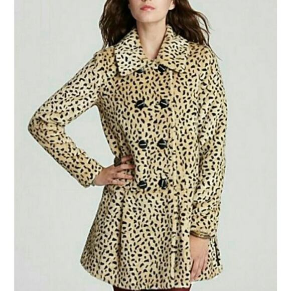 Free People Women's Double Breasted Leopard Print Faux Fur Swing Coat VGUC 8 - Picture 1 of 12